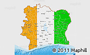 Flag 3D Map of Cote d'Ivoire, single color outside, shaded relief sea