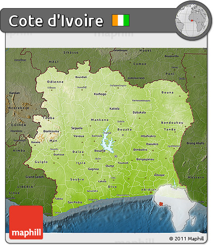 Physical 3D Map of Cote D'Ivoire, darken