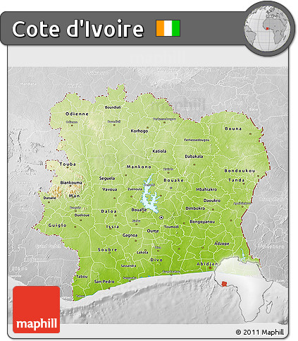 Physical 3D Map of Cote D'Ivoire, lighten, desaturated