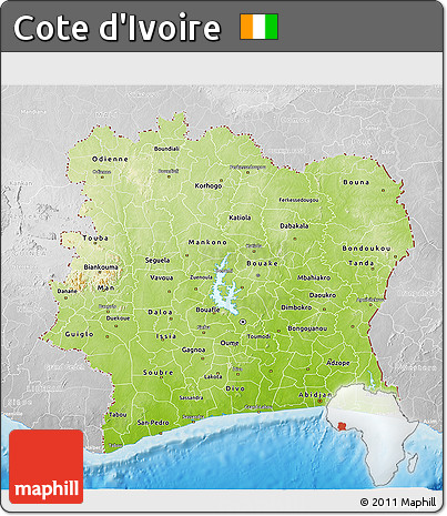 Physical 3D Map of Cote D'Ivoire, lighten, desaturated, land only