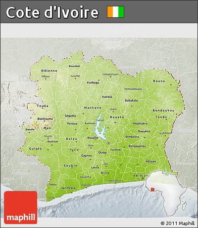 Physical 3D Map of Cote D'Ivoire, lighten, semi-desaturated
