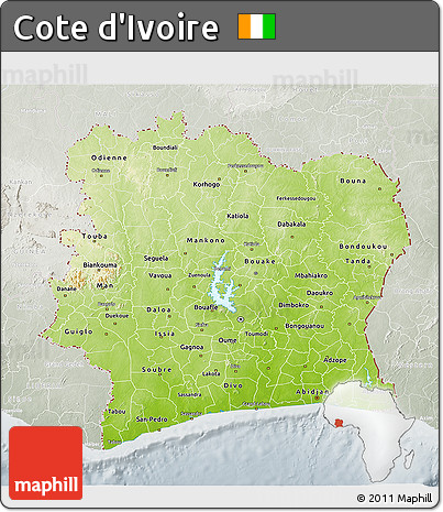 Physical 3D Map of Cote D'Ivoire, lighten, semi-desaturated