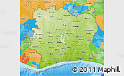 Physical 3D Map of Cote d'Ivoire, political outside, shaded relief sea