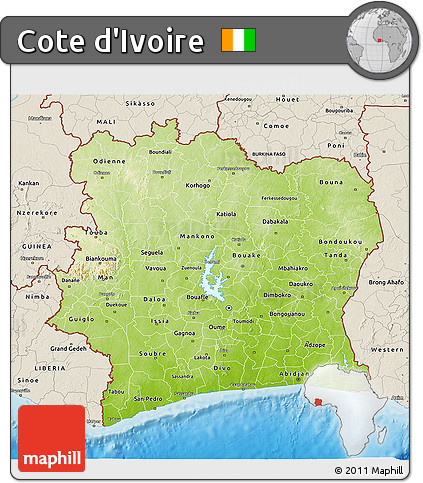 Physical 3D Map of Cote D'Ivoire, shaded relief outside