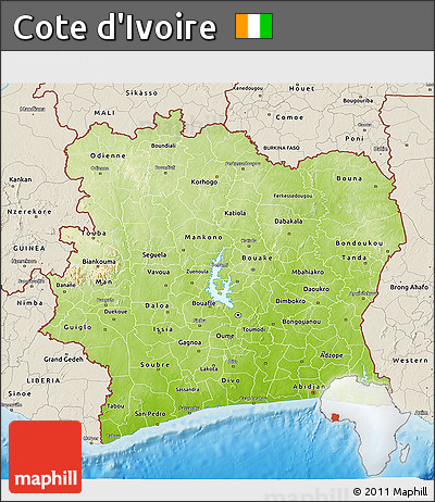 Physical 3D Map of Cote D'Ivoire, shaded relief outside