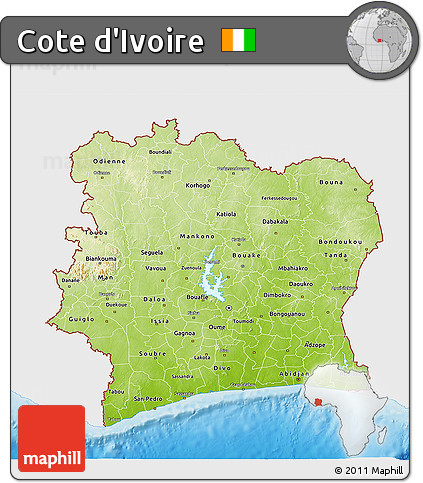 Physical 3D Map of Cote D'Ivoire, single color outside