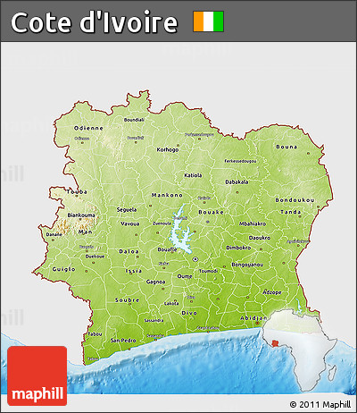 Physical 3D Map of Cote D'Ivoire, single color outside