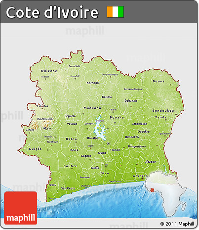 Physical 3D Map of Cote D'Ivoire, single color outside