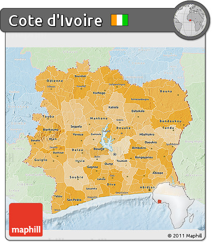 Political Shades 3D Map of Cote D'Ivoire, lighten