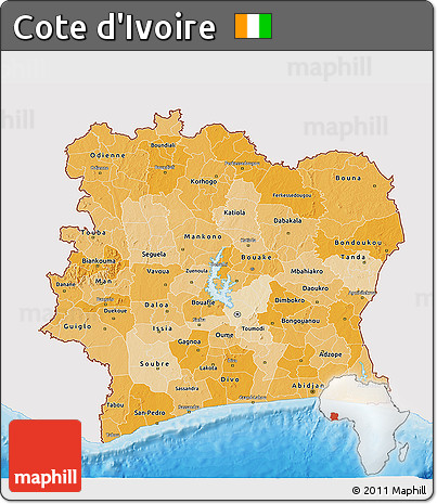 Political Shades 3D Map of Cote D'Ivoire, single color outside