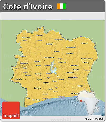 Savanna Style 3D Map of Cote D'Ivoire, single color outside