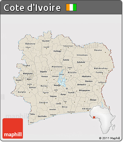 Shaded Relief 3D Map of Cote D'Ivoire, cropped outside