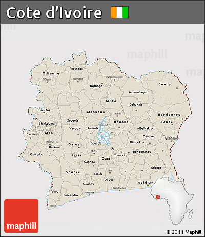 Shaded Relief 3D Map of Cote D'Ivoire, cropped outside