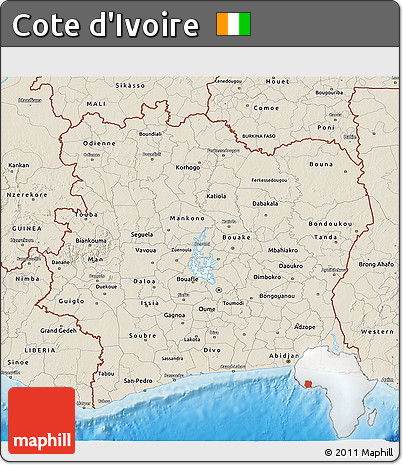 Shaded Relief 3D Map of Cote D'Ivoire