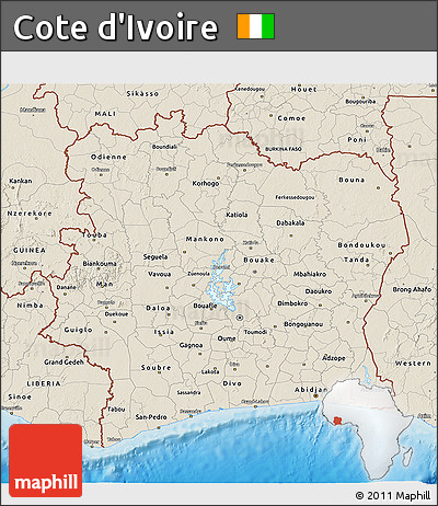 Shaded Relief 3D Map of Cote D'Ivoire