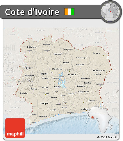 Shaded Relief 3D Map of Cote D'Ivoire, lighten