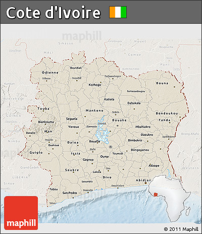 Shaded Relief 3D Map of Cote D'Ivoire, lighten