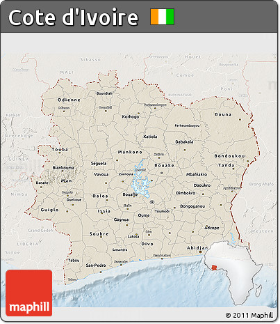 Shaded Relief 3D Map of Cote D'Ivoire, lighten
