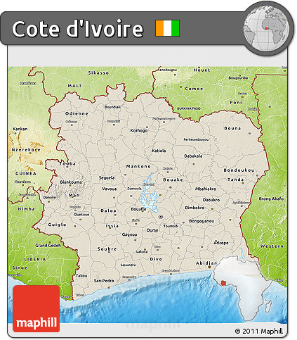 Shaded Relief 3D Map of Cote D'Ivoire, physical outside