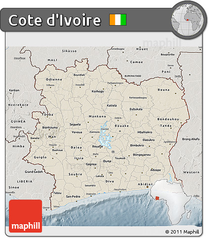 Shaded Relief 3D Map of Cote D'Ivoire, semi-desaturated