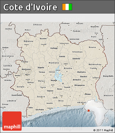 Shaded Relief 3D Map of Cote D'Ivoire, semi-desaturated