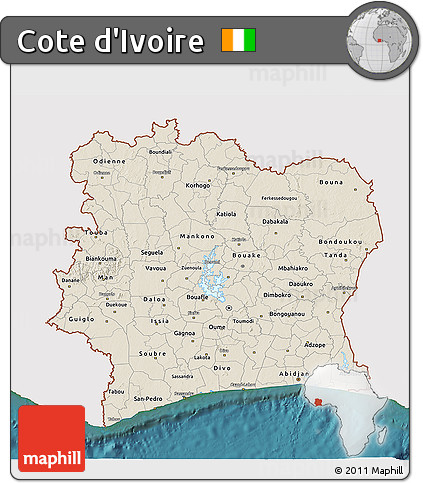 Shaded Relief 3D Map of Cote D'Ivoire, single color outside, satellite sea