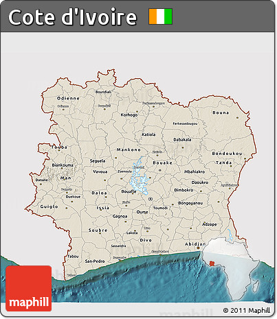 Shaded Relief 3D Map of Cote D'Ivoire, single color outside, satellite sea