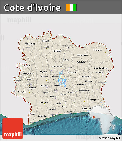 Shaded Relief 3D Map of Cote D'Ivoire, single color outside, satellite sea