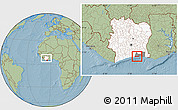 Savanna Style Location Map of Jacqueville, highlighted country, highlighted parent region, within the entire country, hill shading