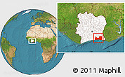 Satellite Location Map of Abidjan, highlighted country, within the entire country