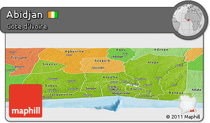 Physical Panoramic Map of Abidjan, political shades outside