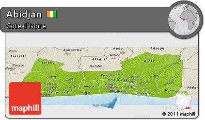 Physical Panoramic Map of Abidjan, shaded relief outside