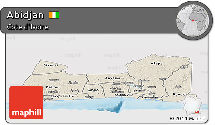 Shaded Relief Panoramic Map of Abidjan, single color outside