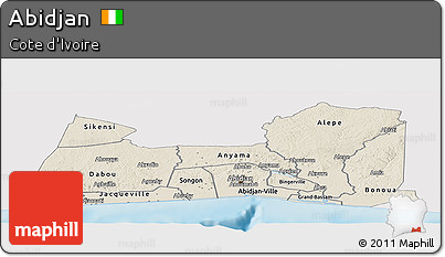 Shaded Relief Panoramic Map of Abidjan, single color outside