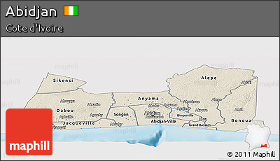 Shaded Relief Panoramic Map of Abidjan, single color outside