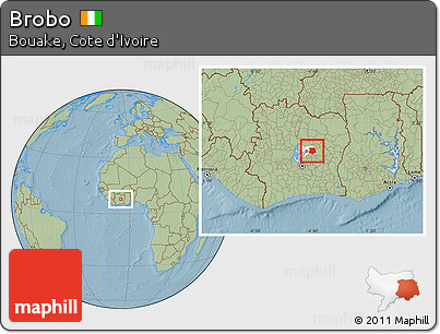 Savanna Style Location Map of Brobo, highlighted parent region, hill shading
