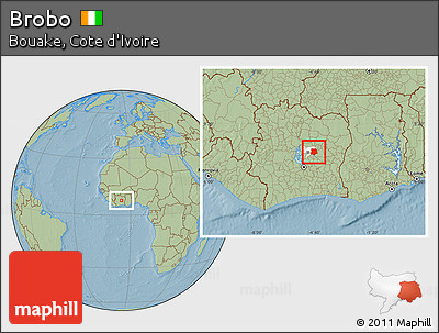 Savanna Style Location Map of Brobo, highlighted parent region, hill shading