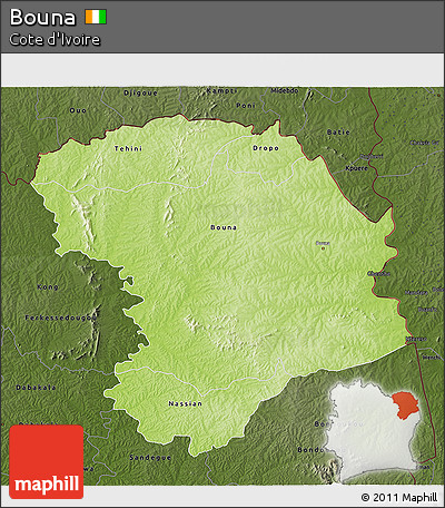 Physical 3D Map of Bouna, darken