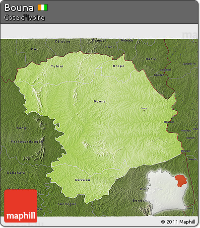 Physical 3D Map of Bouna, darken