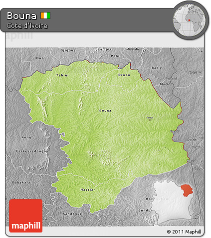 Physical 3D Map of Bouna, desaturated