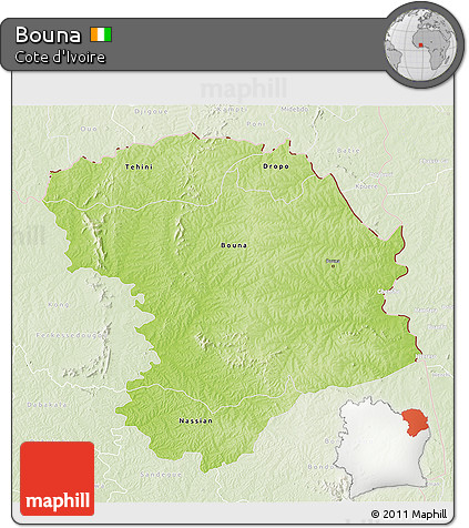 Physical 3D Map of Bouna, lighten