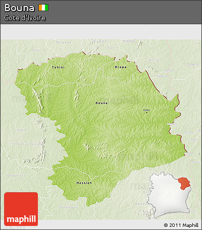 Physical 3D Map of Bouna, lighten