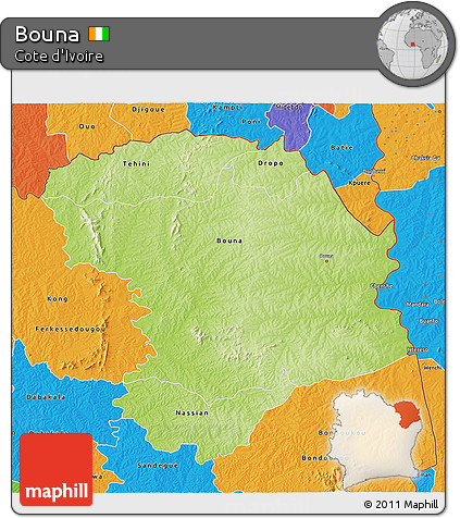 Physical 3D Map of Bouna, political outside