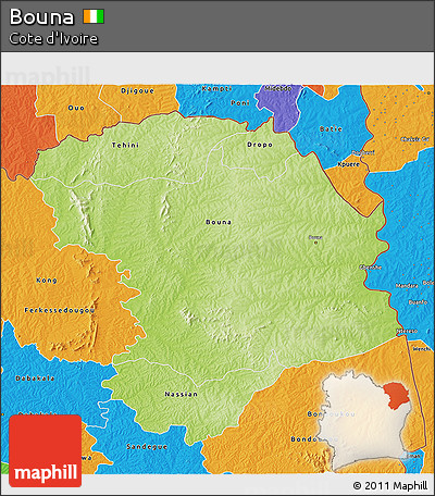 Physical 3D Map of Bouna, political outside