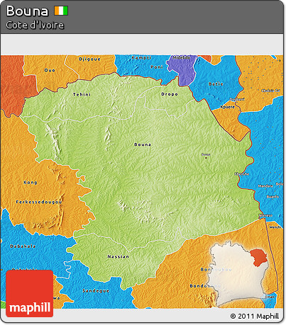 Physical 3D Map of Bouna, political outside
