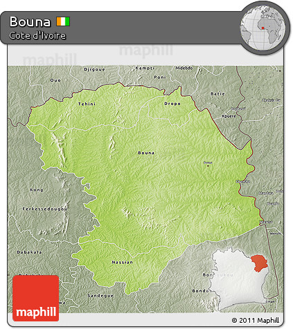 Physical 3D Map of Bouna, semi-desaturated