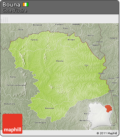 Physical 3D Map of Bouna, semi-desaturated