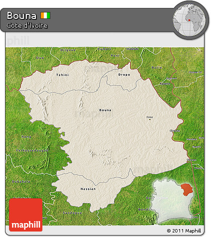 Shaded Relief 3D Map of Bouna, satellite outside