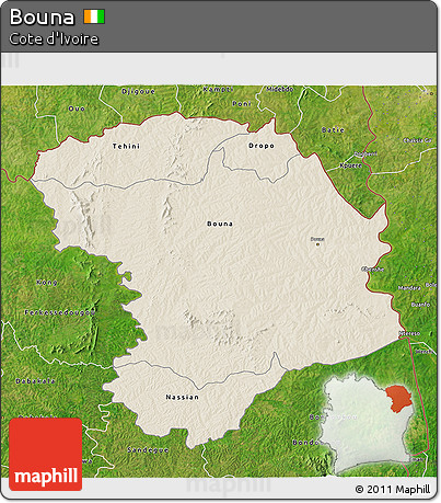 Shaded Relief 3D Map of Bouna, satellite outside