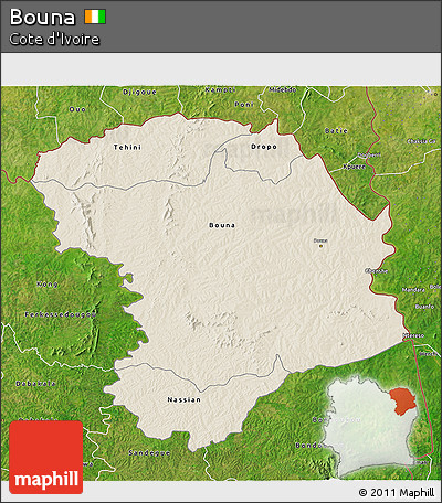 Shaded Relief 3D Map of Bouna, satellite outside